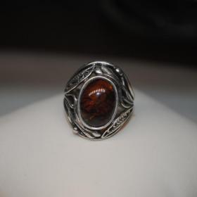 винтажное кольцо глубокое посеребрение натуральный янтарь маркировка 
