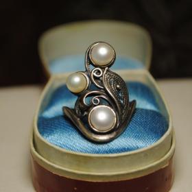 винтажное кольцо серебрение натуральный жемчуг  