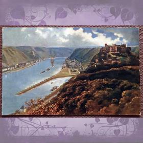 Антикварная открытка "Руины замка Райнфельс на побережье Рейна". Германия