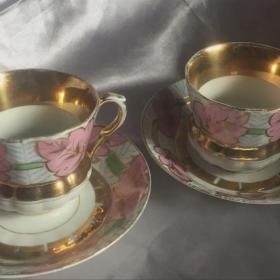   антиквариат 2 Пары чайные чашка и блюдце Кузнецов роспись позолота отличное состояние