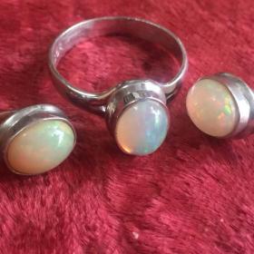 Комплект серьги и кольцо серебро 925 белый  опал натуральный 