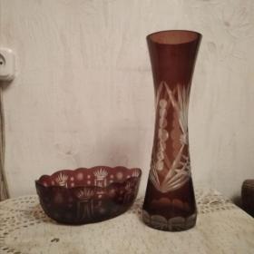 ваза и конфетница марганцевый хрусталь Чехия винтаж 70 годы
