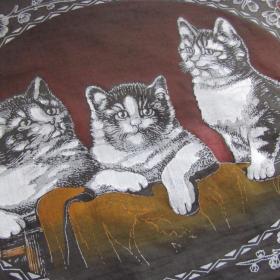 Котята картина текстильная сатин хлопок старинная 50-е СССР редкость 