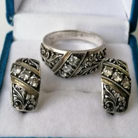 Комплект серьги + кольцо серебро 875 пр., винтаж