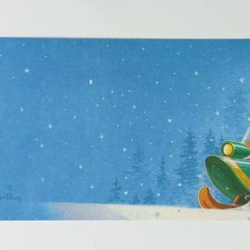 Открытка СССР Новый год 1985 Зарубин чистая двойная не согнута соцреализм детство снегоход Дед Мороз