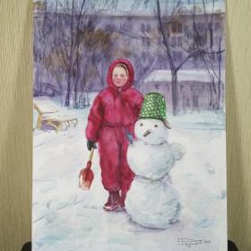 Друзья Рисунок акварель бумага 20х30 см Чудакова Настасья 2021 реализм детство снеговик Новый год