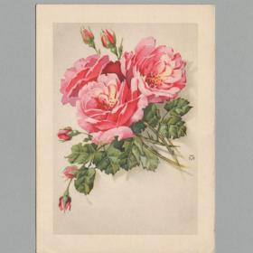 Открытка иностранная ГДР Германия 1950-е чистая винтажный цветочный рисунок букет цветы розы бутон