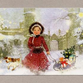 Открытка, Россия, Бабок, чистая. Рождество, счастье, праздник, девочка, сани, метель, собачка, снег