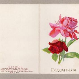 Открытка СССР. Поздравляю. Астапова, 1962, чистая, двойная, цветы, розы, букет, лепестки, праздник