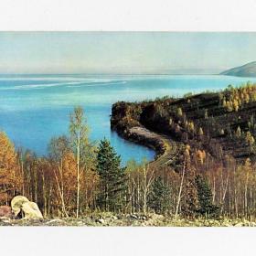 Открытка СССР. Байкал, русская природа, осень, 1967, чистая, Кук, западный берег, железная дорога