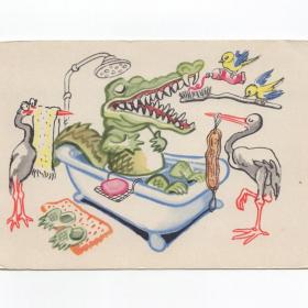 Открытка СССР Мойдодыр Надо умываться по утрам вечерам 1962 Гальба чистая детская ванна крокодил