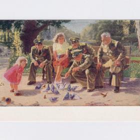 Открытка СССР Друзья мира 1951 Гельбергс чистая соцреализм советский летчик форма военная дети птицы