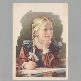 Открытка СССР Отличница 1956 Годына чистая соцреализм школа школьная форма девочка детство коса дети
