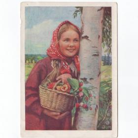 Открытка СССР Аленушка 1958 рисунок по фото Хорунжий чистая морщинки корзина девочка соцреализм