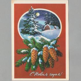 Открытка СССР Новый год 1978 Куртенко чистая еловая ветка шишки новогодняя ночь луна звезды снег дом
