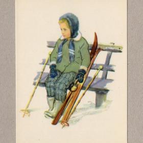 Открытка СССР Маленькая финка 1958 Жуков чистая редкая соцреализм детство лыжи скамейка девочка