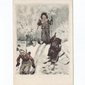 Открытка СССР Лыжники 1958 Пахомов штамп редкость соцреализм дети детство ребенок лыжи спорт лыжня