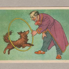Открытка СССР Каштанка Вальк 1957 чистая Чехов рыжая собака артист цирка обруч дрессировка животных