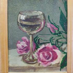 Небольшая картина неизвестного художника, картон, масло. "Натюрморт с розами".